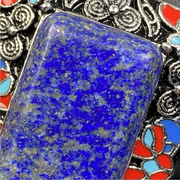 Hanmdade Bracelet Red Blue Enamel Hematite Beads Lapis Lazuli Stone 7" to 8" - Picture 2 of 14